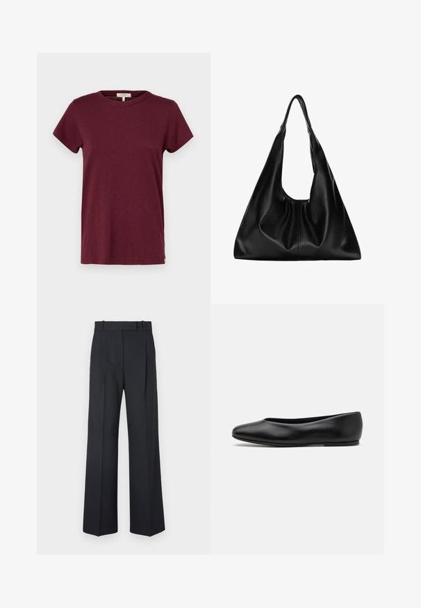 rag & bone THE SLUB - T-shirt basic - burgundy; Pantaloni a righe blu scuro con vita alta, design a gamba larga e senza hardware o decorazioni visibili. Tessuto liscio e vestibilità sartoriale.; Paul Smith TOPANGA - Ballerine - black; Borsa hobo in pelle nera con una forma morbida e curvata. Presenta un ampio manico superiore e pieghe alla base per una texture morbida.