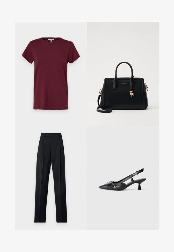 rag & bone THE SLUB - T-Shirt basic - burgundy; Schwarze Hosen aus glattem Stoff mit hoher Taille, weitem Bein, vorderen Falten und klassischen Gürtelschlaufen. Keine sichtbaren Seitentaschen.; Schwarzer Leder-Slingback-Schuh mit spitz zulaufender Zehenpartie, dekorativen Riemen mit METALLÖSEN und niedrigem Blockabsatz. Strukturelle Oberfläche.; Schwarze Ledertasche mit strukturiertem Design, doppelten oberen Griffen, abnehmbarem Schulterriemen, goldfarbenen Beschlägen und einem Logo-Anhänger.