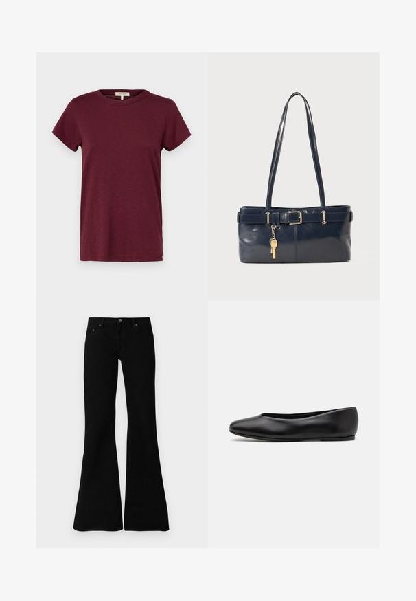 rag & bone THE SLUB - Basic T-shirt - burgundy; Black flared jeans made from denim, featuring a classic five-pocket design, button closure, and subtle stitching details along the seams.; Paul Smith TOPANGA - Ballet pumps - black; Navy leather handbag with two long handles, a buckle detail, and a keychain attached. Features a smooth texture and a rectangular shape.