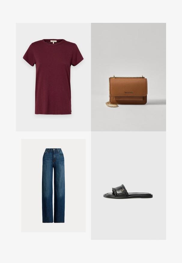 rag & bone THE SLUB - T-shirt - bas - burgundy; Breda ben denimjeans i mörkblått. Har hög midja, knappstängning och klassisk femfickdesign. Slät textur med subtil blekning.; Svart läder sandal med en vävd remdetailj, platt sula och en stilren design. Slät yta och minimalistisk profil.; Brun texturerad läder crossbody-väska med guldkedja och klaffstängning. Framsidan har logotypdetalj och en ficka under klaffen.