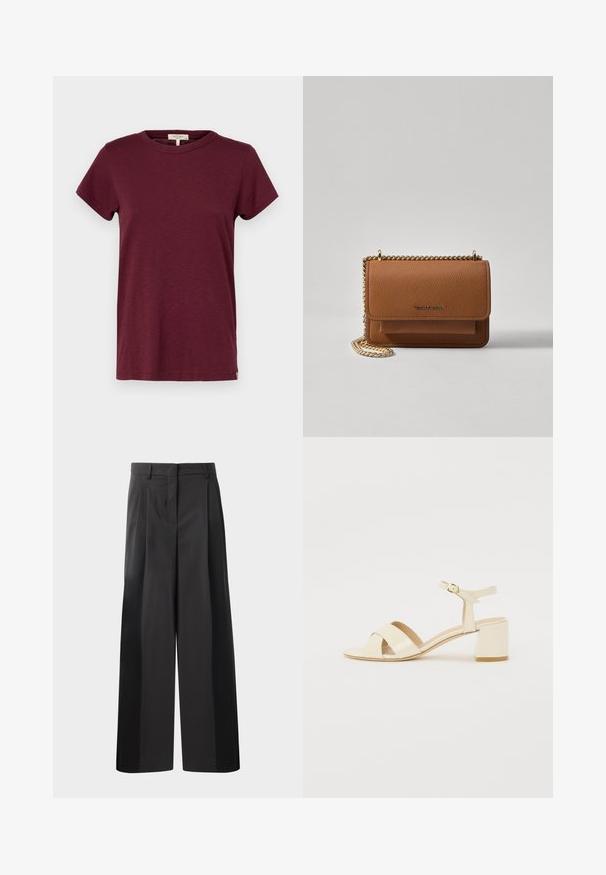 rag & bone THE SLUB - T-shirt basic - burgundy; Zwarte wijde broek met hoge taille, met voorplooien, een gladde textuur en een nette afwerking. Ontworpen voor een ontspannen pasvorm.; Beige gepolijst lederen sandalen met hakken, voorzien van een kruisbandontwerp, open teen, verstelbare enkelband en een blokhak. Gladde textuur.; Bruine lederen schoudertas met textuur, voorzien van een gouden kettingstrap en klepsluiting. De voorkant heeft een logo-detail en een zak onder de klep.