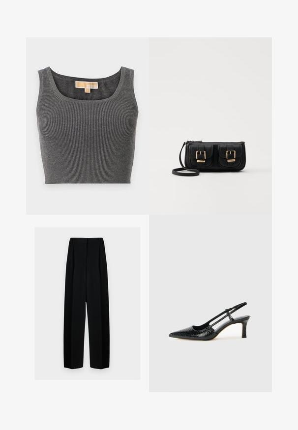 Gray ribbed crop top with a wide scoop neckline. Features a smooth texture and a label stating "MICHAEL" on the inner neckline.; Black wide-leg trousers with a high waist, featuring pleats and a smooth texture. The fabric appears lightweight and drapes elegantly.; Black patent slingback heel with a pointed toe, featuring textured snake print, adjustable strap, and a short, textured block heel.; Black leather crossbody bag with two front pockets, gold buckles, zipper closure, and a slim strap. Textured surface and compact rectangular shape.