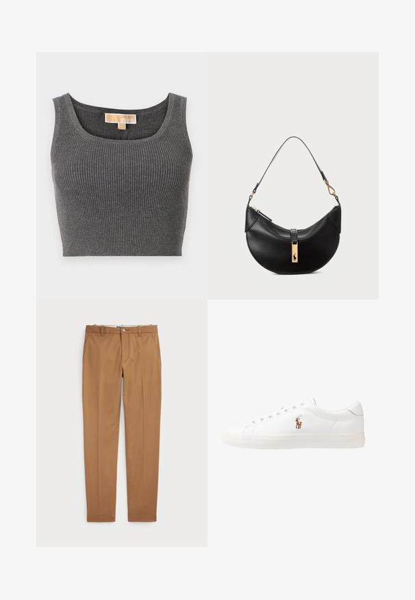 Grauer gerippter Crop-Top mit weitem Rundhalsausschnitt. Hat eine glatte Textur und ein Etikett mit der Aufschrift "MICHAEL" im inneren Ausschnitt.; Braune Baumwollhosen mit schmalem Schnitt, flachem Vorderteil und Standardtaschen; glatte Textur und abgeschnittene Säume.; Weiße Leder-Sneaker, niedrig geschnitten, mit glatter Textur, runder Zehenpartie, Schnür vorne und kleinem gesticktem Logo an der Seite.; Schwarze Lederhandtasche in Halbmondform. Verfügt über eine goldene Hardware-Akzentuierung und einen schmalen Tragegurt. Sanfte Textur, Reißverschlussverschluss an der Oberseite.