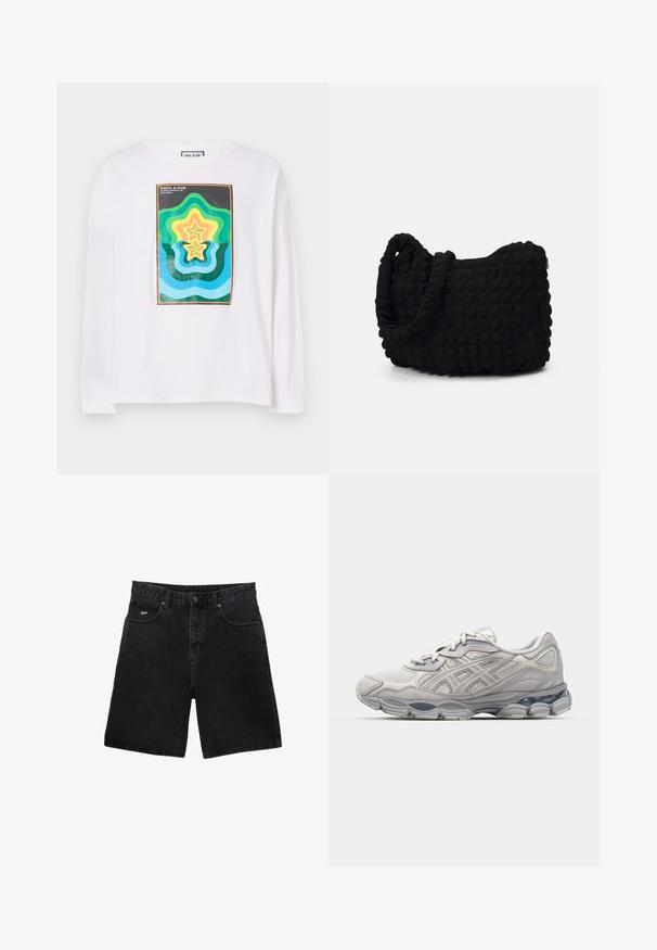 Biele tričko s dlhým rukávom s farebnou geometrickou potlačou, ktorá zobrazuje vrstvené hviezdy v zelenej, žltej a modrej farbe, ohraničené tmavým okrajom.; Čierne džínsy s rovnými nohavicami, piatimi vreckami, zapínaním na kovový gombík a diskrétnym logom značky na prednom vrecku.; Šedá športová obuv s sieťovaným zvrškom a syntetickými prekrytiami, so zvýšenou podrážkou a textúrovanými akcentmi na stranách.; Čierna látková taška s textúrovaným, prešívaným vzorom. Zaoblený tvar, krátke, hrubé rúčky a mäkká, flexibilná konštrukcia.