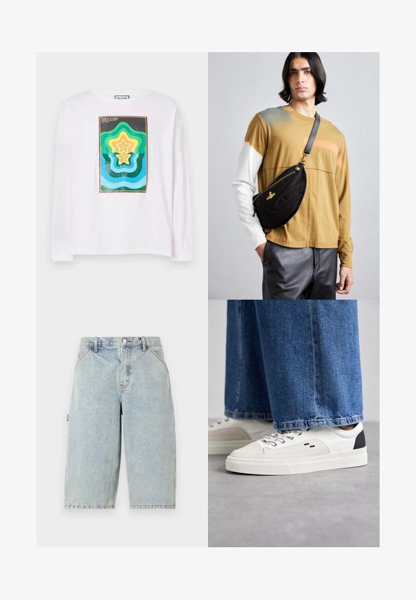 Valkoinen pitkähihaisten t-paita, jossa on värikäs geometrinen printti, jossa on kerrostettuja tähtimuotoja vihreänä, keltaisena ja sinisenä, tummaa kehystä ympäröimänä.; Noon Goons RUNAWAY - Farkkushortsit - washed blue; Valkoiset ja mustat tennarit, joissa on sileä nahkapäällinen, tekstuuriakcentit ja paksu valkoinen pohja. Varustettu klassisella nauhakiinnityksellä.; Vivienne Westwood CITY BUMBAG UNISEX - Vyölaukku - black