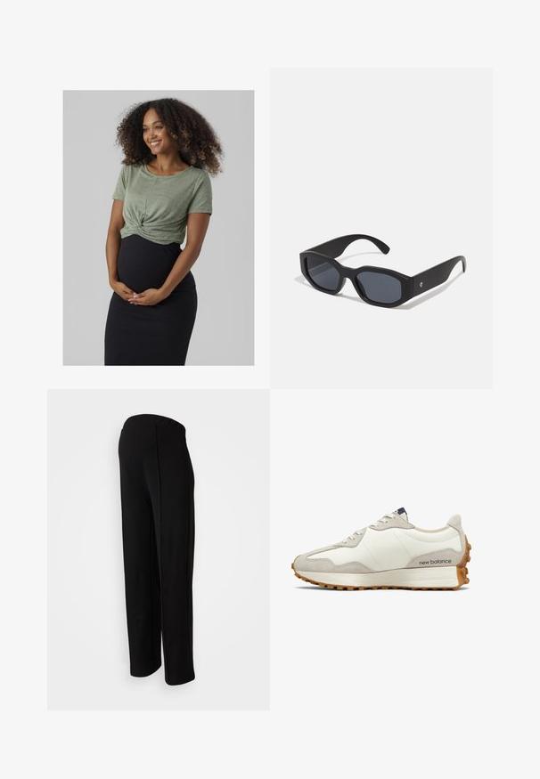 Oliivroheline ribakujuline T-särk, millel on esiosa sõlm üksikasjaga, koos musta ribakujulise midi-seelikuga. Riietus näitab tekstuurilist, kihilist väljanägemist.; Mustad, kõrge vöökoht, sirge lõikega mustad püksid, millel on sile tekstuur ja nähtamatud kinnitused, rõhutatud külgõmbluste detailidega.; Valge ja beež sneaker, millel on sile nahast pealismaterjal, tekstiil aktsendid, ümar varvas ja tekstuuriga kummist välispind. Brändi nimi on trükitud küljele.; Mustad pruudiks prillid ruudukujuliste raamidega, matistatud viimistlusega, tumedate läätsede ja veidi kõverate kätega. Ühel käel on diskreetne logo aktsent.; Hõbedased rõngaskõrvarõngad, millel on sile ja läikiv pind. Ümar kuju, kerge disain, millel on post-tagumise kinnituse süsteem.