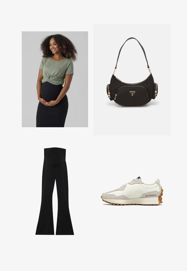 Olijfgroene geribde T-shirt met een knoopdetail aan de voorkant, gecombineerd met een zwarte geribde midi-rok. De outfit toont een gestructureerde, gelaagde uitstraling.; Zwarte flared broek met een hoge tailleband, gemaakt van rekbaar materiaal. Kenmerkt zich door een zachte textuur en een eenvoudig, minimalistich ontwerp.; Witte en beige sneaker met een bovenwerk van glad leer en suède accenten. Voorzien van ronde veters, een gevoerde zool en een gerubberde buitenzool met structuur.; Zwarte stoffen schoudertas met goudkleurige hardware, met een hoofdvak met rits en twee kleinere ritsvakken aan de zijkanten.