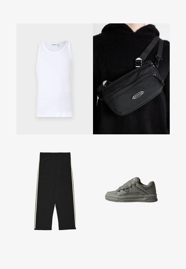 Canottiera bianca in cotone con scollo rotondo e spalline larghe. Texture liscia, senza motivi, design pulito e etichetta di marca sul colletto.; Pantaloni neri a gamba larga con vita elasticizzata e strisce verticali bianche lungo i lati esterni delle gambe.; Scarpa sportiva grigia con tomaia in pelle testurizzata e rete, suola in gomma spessa e linguetta e lati ben imbottiti. Includono lacci e dettagli laterali.; Borsa a tracolla nera in nylon con tracolla regolabile, caratterizzata da una texture liscia, una tasca con zip frontale e un accento con logo.