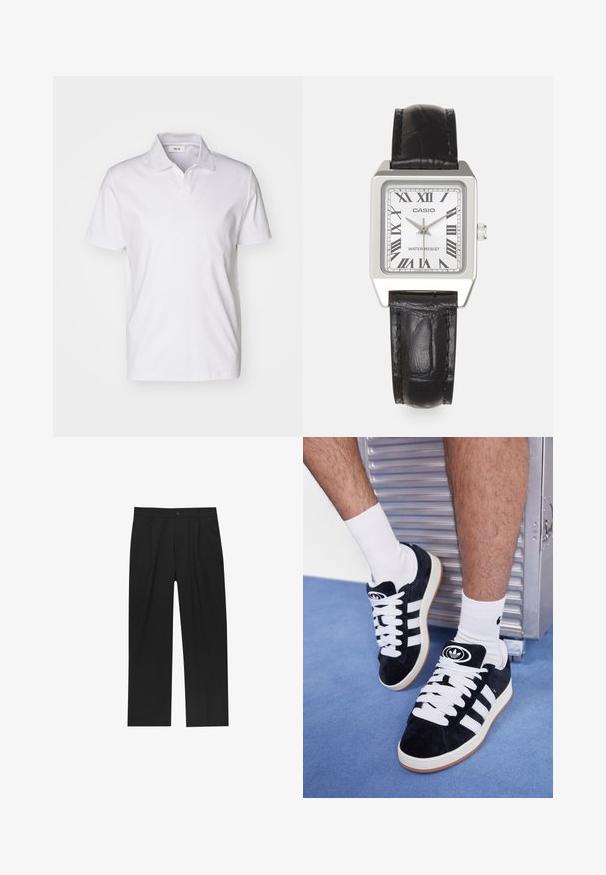 Biała, krótki rękaw koszulka polo z kołnierzykiem i małą metką wewnątrz dekoltu na jednolitym tle.; Czarne spodnie o prostym kroju, wykonane z gładkiego materiału. Posiadają zakładki z przodu i pojedyncze zapięcie na guziki w pasie.; Czarne zamszowe sneakersy z białymi sznurówkami i trzema białymi paskami. Posiadają okrągłe czarne logo na języku i gumową podeszwę.; Srebrny kwadratowy zegarek z białą tarczą, czarnymi cyframi rzymskimi i napisem "ODPORNY NA WODĘ". Czarny skórzany pasek o fakturowanej powierzchni.