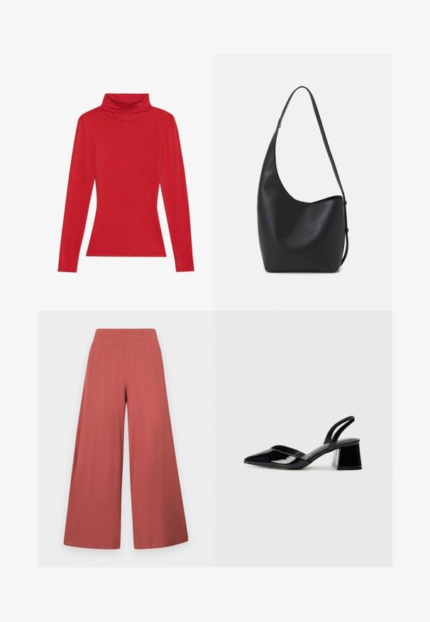 Anna Field LONG SLEEVED TOP WITH WOOL CONTENT - Long sleeved top - red; Wide-leg trousers in a rust color, made from textured fabric with vertical ribbing. Features a high, elastic waistband.; Black patent leather slingback heels with a pointed toe and a geometric block heel. Features a sleek, minimal design and smooth texture.; Black leather hobo bag with a smooth texture, curved shape, and single adjustable strap; features a wide opening at the top.