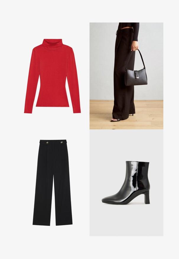 Anna Field LONG SLEEVED TOP WITH WOOL CONTENT - Langarmshirt - red; Schwarze weite Hosen mit hoher Taille, Knopfdetails am Bund und vorderen Falten.; Schwarzer Lackleder-Stiefelette mit spitzer Zehe und einem mittelhohen Blockabsatz. Glatte Textur und minimalistisches Design.; Schwarze Handtasche mit strukturierter Form, glatter Textur und einem metallischen Verschluss. Kombiniert mit weiten schwarzen Hosen und offenen Sandalen auf einem Holzboden.