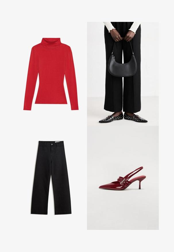 Anna Field LONG SLEEVED TOP WITH WOOL CONTENT - Long sleeved top - red; Black wide-leg denim pants with a high waist, featuring front and back pockets, stitched seams, and a button closure. Smooth texture.; Red patent leather slingback heels with a pointed toe, two buckle straps, and a slim, mid-height stiletto heel. Smooth texture.; Black leather shoulder bag with a rounded shape, glossy finish, and silver hardware. Person wearing black wide-leg pants and studded loafers.