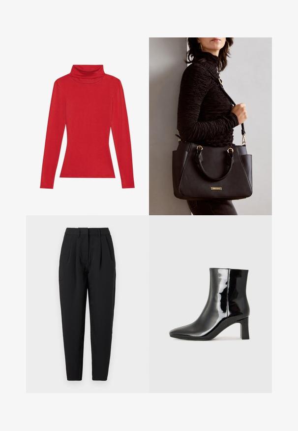 Anna Field LONG SLEEVED TOP WITH WOOL CONTENT - Langarmshirt - red; Schwarze Hose mit geradem Schnitt, die auf der Vorderseite Falten hat, eine glatte Textur und seitliche Taschen bietet. Der Bund hat eine Standardhöhe.; Schwarzer Lackleder-Stiefelette mit spitzer Zehe und einem mittelhohen Blockabsatz. Glatte Textur und minimalistisches Design.; Schwarze Handtasche mit strukturierten Oberflächen, doppelten Obergriffen und verstellbarem Schultergurt. Mit goldfarbener Hardware und Seitentaschen.
