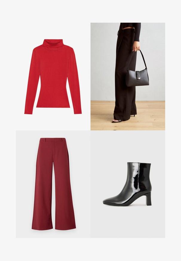Anna Field LONG SLEEVED TOP WITH WOOL CONTENT - Bluză cu mânecă lungă - red; Pantaloni largi de culoare burgundă închisă. Construiți dintr-un material neted și elastic, cu cusături pe măsură și închidere cu fermoar în față.; Botine negre din piele lacuită, cu vârful ascuțit și toc bloc de înălțime medie. Textură netedă și design minimalist.; Genți negre cu o formă structurată, textură netedă și un închizător metalic. Asortată cu pantaloni negri largi și sandale cu vârf deschis pe un podea din lemn.