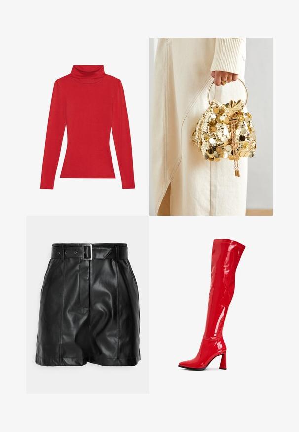 Anna Field LONG SLEEVED TOP WITH WOOL CONTENT - Top s dlouhým rukávem - red; Černé kožené šortky s hladkým povrchem, vysokým pasem a širokým pásem se čtvercovou stříbrnou sponou. Přední část se sklady.; Červené lakované kozačky nad kolena s špičatou špičkou a výrazným blokovým podpatkem. Disponují lesklým povrchem a švy podél svršku.; Zlatá taška se šňůrkou a kruhovou rukojetí, pokrytá lesklými kulatými flitry a texturovanou tkaninou. Rozměry nejsou uvedeny.