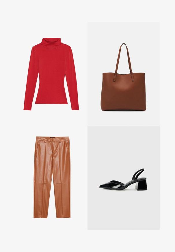 Anna Field LONG SLEEVED TOP WITH WOOL CONTENT - Majica z dolgimi rokavi - red; Brahk velike hlače iz umetnega usnja z natančnim prileganjem, ki imajo sprednje pregibe in ravne noge. Gladka tekstura brez vidne kovine ali poudarkov.; Črne lakirane slingback pete s koničastim nosom in geometrijsko blokasto peto. Imajo eleganten, minimalističen dizajn in gladko teksturo.; Rjava usnjena torba z gladko teksturo, odprto zasnovo zgoraj in dvema naramnima trakovoma. Opremljena je z minimalnim šivanjem in brez vidnih kovinskih delov.