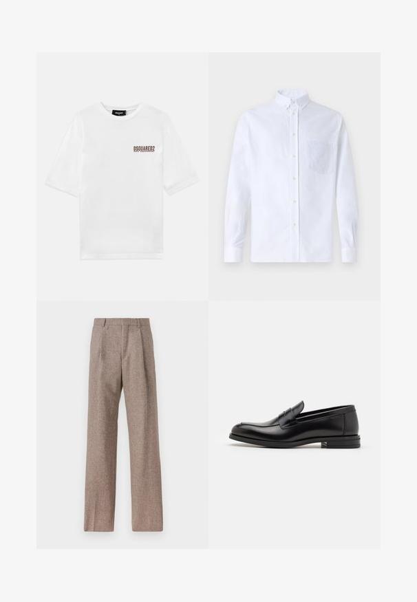 Balta kokvilnas t-krekls ar īsām piedurknēm un apaļu kakla izgriezumu, ar brūnu apdruku kreisajā krūtīs, kas norāda uz 30. jubileju.; Balts garo piedurknēm krekliņš ar pogām, izgatavots no kokvilnas, ar krūšu kabatu ar tonālu izšuvumu, apkakli un pogām pie piedurknēm.; Brūni, augstos šortos izgatavoti no teksturēta auduma. Iezīmē plašas kājas un divas priekšējās krokas, kas nodrošina struktūru. Kārtīga apdare bez redzamām detaļām.; Melnas ādas kurpes ar gludu tekstūru, noapaļu purngalu un dekoratīvu siksniņu pāri priekšpusei. Zems sakrauts papēdis, minimālisma dizains.