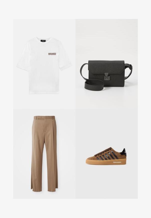 Balta medvilnės marškinėliai trumpomis rankovėmis ir apvaliu kaklu, su rudos spalvos spaudiniu kairiajame krūtinės šone, žyminčiu 30-ąsias metines.; Šviesiai rudos pritaikytos kelnės su tiesiomis kojomis, diržo kilpos, priekinė siūlė ir paslėptas užsegimas, išdėstytos ant balto fono.; Rudi zomšos sportiniai bateliai su juodais lakiniais raišteliais, raiščiais priekyje ir guminiais padais. Yra užrašyta detalė ant užpakalinio kulno.; Juodas odinis kryžminis krepšys su tekstūruotu paviršiumi, užsegimas ant atverčiamos dangtelio, metalinėmis detalėmis ir priderintu reguliuojamu dirželiu.