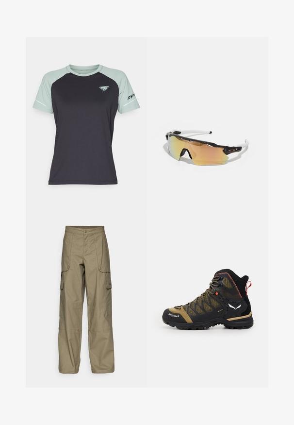 Korte ermers idretts t-skjorte med mørk marineblå kropp, lysegrønne raglan-ermer og logo på brystet. Glatt tekstur, fukttransporterende stoff.; Cargo bukser i olivengrønt stof, med en løs pasform, flere sidelommer og en knaplukning i taljen. Glat tekstur.; Mellomhøy fjellstøvler i svart og olivengrønn, med nettingoverdel, gummisåle og teksturerte detaljer samt en baksleppe.; Solbriller med svart og hvit ramme, store speil-linser i gull- og rosa nyanser, aerodynamisk design og utvidet ytterkant.