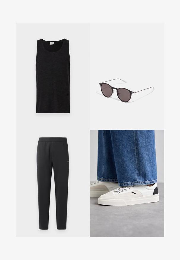 Zwarte mouwloze tanktop gemaakt van textuurmateriaal. Heeft een ronde halslijn en een subtiele logo-accent nabij de zoom. Eenvoudig ontwerp.; Zwarte joggingsbroek gemaakt van zachte stof, met een elastische tailleband, rechte pijpen en een klein logo detail aan de zijkant.; Witte en zwarte sneakers met een glad leren bovenwerk, textuuraccenten en een chunky witte zool. Heeft een klassiek vetersluiting ontwerp.; Zwarte ronde zonnebril met donkere lenzen en slanke metalen armen. Inclusief heldere tempelpunten en zilveren accenten bij de scharnier. Minimalistisch ontwerp.