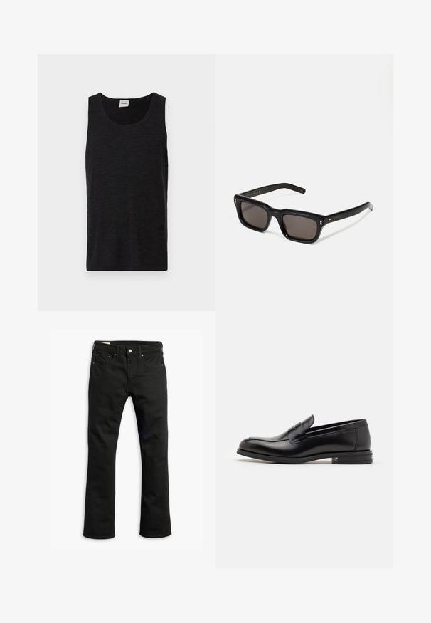 Zwarte mouwloze tanktop gemaakt van textuurmateriaal. Heeft een ronde halslijn en een subtiele logo-accent nabij de zoom. Eenvoudig ontwerp.; Zwarte denim jeans met een recht gesneden ontwerp, vijf zakken, metalen knoopsluiting en subtiele stikseldetails. Gladde textuur en effen kleur.; Zwarte leren instappers met een gladde textuur, ronde neus en een decoratieve band over de wreef. Lage, gestapelde hak en minimalistisch ontwerp.; Zwarte rechthoekige zonnebril met donkere lenzen, een dik plastic montuur, gouden accenten op de veren en het merkembleem gegraveerd op de arm.