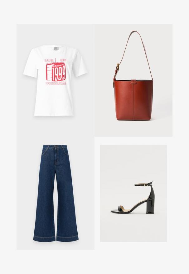 Camiseta de algodón blanca con un gráfico rojo de un pastel y el texto "1999" arriba y "BAUM UND PFERDGARTEN" abajo. Mangas cortas.; Jeans de mezclilla azul de pierna ancha con una cintura alta, que cuentan con un cierre de botón, pasadores para cinturón y detalles de costura sutil a lo largo de los bolsillos y los dobladillos.; Sandalia de charol negro con tacón ancho, punta abierta y correa en el tobillo que cuenta con una hebilla dorada. Textura suave y diseño elegante.; Bolso de cuero marrón tipo cubo con correa para el hombro ajustable y hebilla dorada, con un simple detalle de costura vertical en la parte frontal.