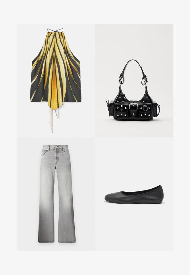 Roberto Cavalli Top - giallo; Gray denim wide-leg jeans featuring a high waist, faded texture, five pockets, and a zip fly with button closure.; Black leather ballet flat with a rounded toe, smooth texture, minimal stitching detail, and a flexible sole design.; Black leather handbag with a curved design, featuring silver studs, a buckle, and two side pockets. Adjustable strap for carrying options.