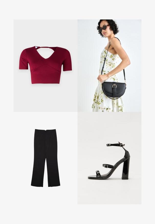Burgundy crop top i ett mjukt tyg, med korta ärmar, V-ringning och en utskärning Detalj på baksidan med samlad design framtill.; Svarta byxor med rak passform, utrustade med framfickor och sidoklyvningar vid fållen. Tillverkade av mjukt, slätt tyg. Lämpliga för olika tillfällen.; Svarta lackerade klacksandaler med fyrkantig tå, ankelremmar och silverfärgade spännen. Har en kraftig blockklack för stabilitet.; Svart läderhandväska med en böjd form, avtagbar rem och guldiga detaljer. Väskan har ett lock med en spänndetalj.