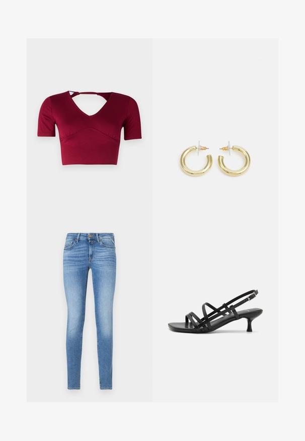 Burgundi színű crop top, sima anyagból készült, rövid ujjaival, V-dekoltázzsal és hátsó kivágással, elől ráncolt dizájnnal.; Vékony fit világoskék farmernadrág, közepes derekú, elöl gombbal, öt zsebes kialakítással.; Fekete magassarkú szandálok több keresztben átkötött pánttal. Simább anyag, hegyes orr és keskeny sarok. Állítható bokapánt kapcsos rögzítéssel.; Arany fülbevalók sima, fényes felülettel. Kör alakú dizájn, amely kis kapoccsal és átlátszó tartozékkal rendelkezik a biztonságos viselés érdekében.