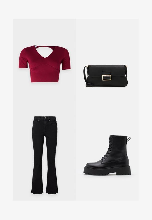 Burgundy crop top made of smooth fabric, featuring short sleeves, a V-neckline, and a cutout detail at the back with gathered front design.; Black flared jeans made of denim, featuring a mid-rise waist, front pockets, and button closure. Smooth texture with minimal stitching details.; Black leather ankle boots with a round toe, lace-up front, and a thick rubber sole featuring a textured tread. Pull tab at the back.; Black leather clutch bag with a flap and a gold metal buckle detail. Includes a black strap and a sleek, minimalist design.