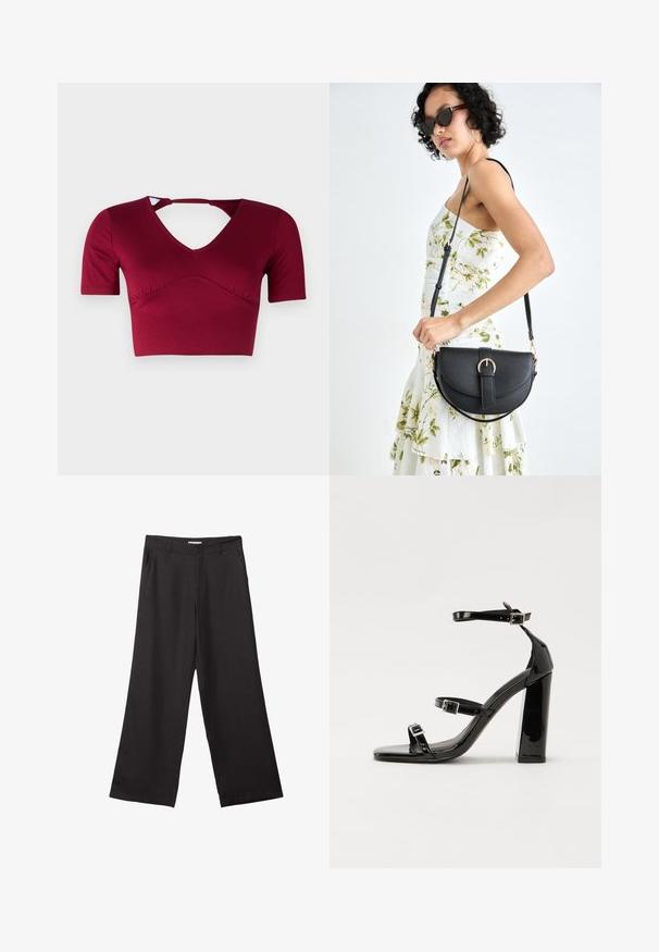 Burgundská crop top vyrobená z hladkého materiálu, s krátkými rukávy, V-výstřihem a vykrojením na zadní straně s nabíraným předním designem.; Černé široké kalhoty vyrobené z hladké tkaniny, s předním zipem a dvěma bočními kapsami, s dobře padnoucím střihem a minimalistickým designem.; Černé lakované sandály na podpatku se čtveratou špičkou, lýtkovými pásky a stříbrnými přezkami. Disponují masivním blokovým podpatkem pro stabilitu.; Černá kožená kabelka s křivkovým tvarem, odnímatelným popruhem a zlatými detaily. Kabelka má klopu s přezkou.