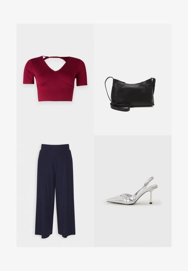 Cropped top burdeos hecho de tejido suave, con mangas cortas, escote en V y un detalle de corte en la parte posterior, además de un diseño fruncido en la parte delantera.; Pantalones de pierna ancha en tejido de un oscuro color navy con una textura acanalada. Presenta una cinturilla suave y una silueta fluida, llegando a la altura de las pantorrillas.; Zapato de tacón alto plateado tipo slingback con punta afilada, acabado metálico, dos correas decorativas y un tacón delgado con punta negra.; Bolso de hombro de cuero negro con una textura suave, forma curvada, correa ajustable y cierre con cremallera. Diseño minimalista sin adornos.