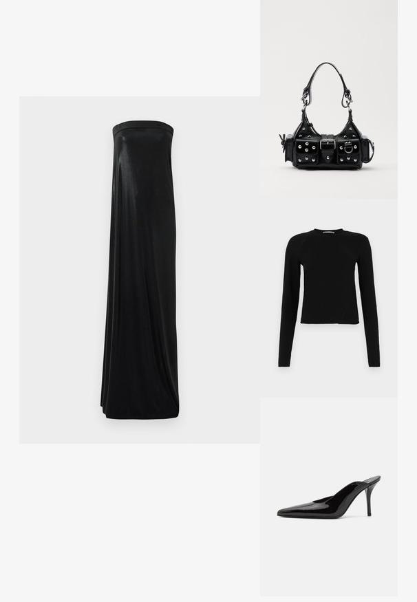 Schwarzes Langarm-Crop-Top aus weichem Stoff mit einem runden Ausschnitt und einem leicht asymmetrischen Saum sowie einem dezenten Logo-Detail.; Schwarzes, trägerloses Maxikleid aus glattem, glänzendem Stoff. Es hat ein figurbetontes Oberteil und eine fließende Silhouette, die den Boden erreicht, ohne Verzierungen.; Schwarze Lackleder-Pumps mit hohen Absätzen, spitzer Zehenform und schlanker Silhouette, mit offenem Rücken und schlankem Stiletto-Absatz.; Schwarze Lederhandtasche mit einem geschwungenen Design, verziert mit silbernen Nieten, einer Schnalle und zwei seitlichen Taschen. Verstellbarer Träger für verschiedene Tragemöglichkeiten.