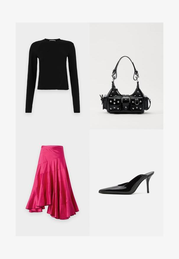 Top corto a manica lunga nero realizzato in tessuto morbido, con scollo rotondo e orlo leggermente asimmetrico, con un sottile dettaglio del logo.; Gonna in satin magenta con orlo svasato, caratterizzata da pannelli sovrapposti e design asimmetrico. Tessuto liscio e lunghezza media.; Mule in pelle patinata nera con tacco alto, punta affilata e silhouette elegante, dotato di apertura sul dietro e tacco a stiletto sottile.; Borsa a mano in pelle nera con design curvo, caratterizzata da borchie argentate, una fibbia e due tasche laterali. Tracolla regolabile per diverse opzioni di trasporto.