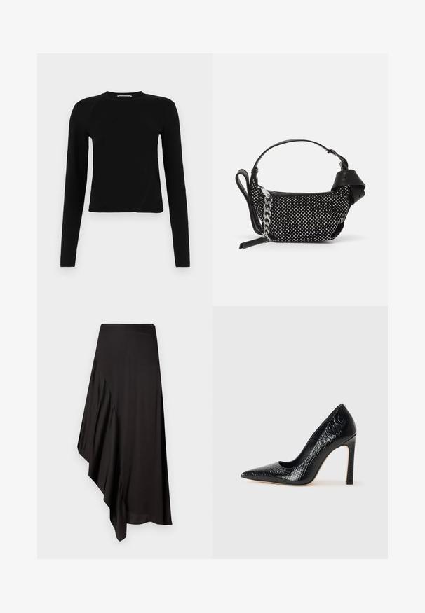 Črn dolgi rokav prirezani zgornji del iz mehkega materiala, ki ima okroglo ovratnik in rahlo asimetričen spodnji rob z diskretnim logotipom.; AERON ASTER SKIRT - Ozko oprijeto krilo - black; Črne čevlje z visoko peto in konico v obliki puščice, z teksturo krokodilje kože, ki se ponašajo s sleek oblikovanjem, visokim stiletto peto in gladkim črnim notranjostjo.; Črna torbica z okrasnimi žebljički, verižnim trakom in gladkim usnjenim ročajem, zaokrožene oblike z zaklepanjem na zadrgo.