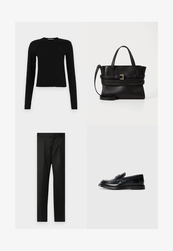 Czarny krótki top z długim rękawem wykonany z miękkiego materiału, z okrągłym dekoltem i nieco asymetrycznym hemem z subtelnym logo.; Czarne spodnie wykonane z gładkiego materiału, z dopasowanym krojem, prostymi nogawkami oraz płaskim pasem bez widocznych zapięć lub kieszeni.; Czarne skórzane loafersy z wyszywaną konstrukcją, małym przednim klapkiem i płaską gumową podeszwą. Gładka tekstura z akcentami w kolorze złota.; Czarna skórzana torebka o zdefiniowanym kształcie, z dwoma górnymi uchwytami, odpinanym paskiem i złotym akcentem sprzączki na poziomej taśmie.