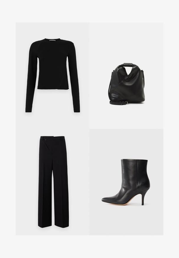 Juodas ilgarankovis trumpas viršus, pagamintas iš minkštos medžiagos, su apvaliomis iškirpėmis ir šiek tiek asimetriniu buvimu, su subtiliu logotipo akcentu.; Juodos plačios kojos kelnės su lygiu priekiu, mygtukų uždarymu ir lygiu audinio paviršiumi. Sukurtos su tiesiu kirpimu ir aštriomis linijomis.; Juodos odinės kulkšninių botų su smailiu nosiu, siauru stiletto kulnu ir lygia tekstūra. Minimalistinis dizainas, be matomų aparatūros ar akcentų.; Juodas, minkštas odinis krepšys su unikaliu išsuktiniu dizainu. Yra trumpas rankenas ir nuimamas peties diržas. Minimalistinis stilius.