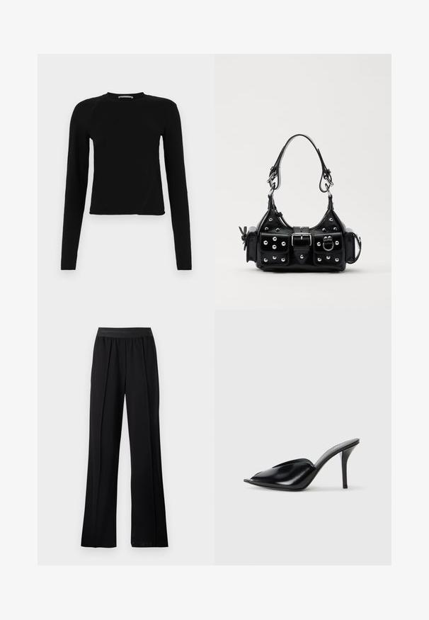 Top cropped negru cu mânecă lungă, confecționat dintr-un material moale, având un decolteu rotund și un tiv ușor asimetric, cu un detaliu subtil al logo-ului.; Pantaloni negri cu picioare largi, dintr-un material fin, cu un brâu elastic. Prezintă plii pentru un volum și o fluiditate suplimentară, fără modele sau accente vizibile.; Mule-uri negre din piele cu toc înalt, cu vârf deschis, design ascuțit, textură fină și toc subțire stiletto.; Geantă de piele neagră cu un design curbat, dotată cu studuri argintii, o cataramă și două buzunare laterale. Curea ajustabilă pentru opțiuni de transport.