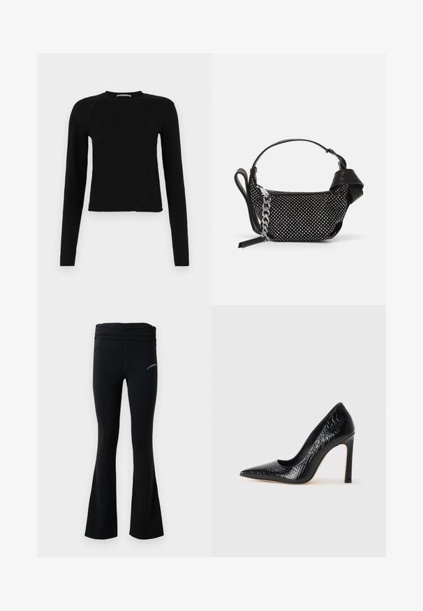 Černý dlouhý rukáv crop top vyrobený z měkkého materiálu, s kulatým výstřihem a mírně asymetrickým lemem s jemným logem.; Černé rozšířené jóga kalhoty s nařaseným páskem a malým bílým logem na horním stehně, vystavené na jednoduchém bílém pozadí.; Černý lodičkový bot s špičatou špičkou, pokrytý texturou krokodýlí kůže, s elegantním designem, vysokým stiletto podpatkem a hladkým černým interiérem.; Černá kabelka s cvočky, řetízkem a hladkým koženým držadlem, kulatého tvaru a se zipovou kapsou.