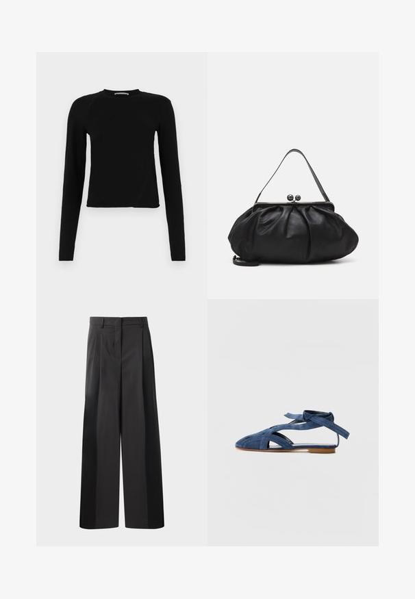 Black long-sleeve crop top made of soft fabric, featuring a round neckline and a slightly asymmetric hem with a subtle logo detail.; Black wide-leg trousers with a high waist, featuring front pleats, a smooth texture, and a tailored finish. Designed for a relaxed fit.; Emporio Armani Sandals - blue; Black leather handbag with a rounded, pleated design. Features a metallic clasp with two decorative balls and a slim, detachable strap.