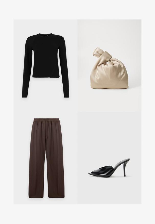 Black long-sleeve crop top made of soft fabric, featuring a round neckline and a slightly asymmetric hem with a subtle logo detail.; Brown wide-leg trousers with elastic waistband and subtle front pleats, displayed flat against a white background.; Black leather high-heeled mules with an open toe, pointed design, smooth texture, and a slim stiletto heel.; Beige satin bag with knotted top, featuring a soft, smooth texture and a rounded shape, designed to be simple and elegant.