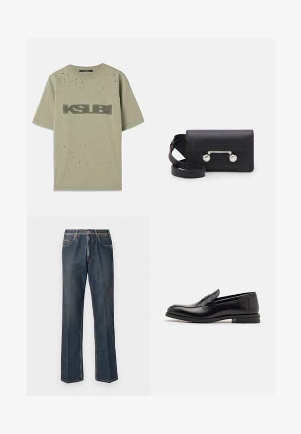 Olive zelené tričko s krátkým rukávem, zdobené černým grafickým potiskem "KSUBI", s opotřebovanou strukturou a malými černými tečkami, a klasickým kulatým výstřihem.; Tmavě modré džíny rovného střihu s předním poutkem, zipem, dvojitými předními kapsami a viditelnými vertikálními záhyby na nohavicích.; Černé kožené polobotky s hladkou texturou, zaoblenou špičkou a zdobným páskem přes nárt. Nízký stohovaný podpatek, minimalistický design.; Černá kožená crossbody taška s klopovým zavíráním, stříbrným kováním a dvěma kulatými detaily. Obsahuje odnímatelný popruh. Hladká textura.