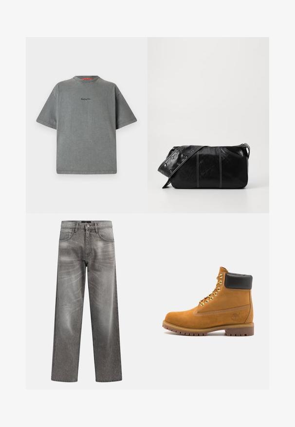 Replay Inc. Jednoduché tričko - stoned grey; Šedé džínové kalhoty s širokými nohavicemi s vybledlým efektem, klasickým pětikapsovým designem a kovovým zapínáním na knoflík. Texturovaná látka s jemnými znaky opotřebení.; Hnědé semišové kotníkové boty s černým polstrovaným límcem, zlatými kovovými očky, bílým prošíváním a odolnou gumovou podrážkou s výraznými drážkami.; Černá kožená kabelka přes rameno se zapínáním na zip, s texturovaným tělem, bílým prošíváním a popruhem se stříbrnými očky.