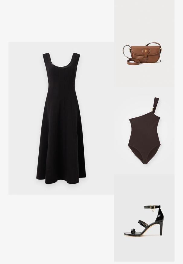 Üks õlg brüni ujumistrikoo ribakangast, millel on kuldne aksent rihmal. Omab kõrge lõikega sääri ja tihedat formaati.; Must mustrik, millel on ümar kaelus, varrukateta disain ja laienev A-line siluett. Selles on vertikaalsed õmblused, mis lisavad struktuuri.; Must musta nahk sandaal kolme rihmaga, pahkluu vööga ja 4-tollise stilettakontsaga. Omab kuldset detaili ja logovõtit.; Pruun nahkne õlakott kaarjas klapiga, kuldsete detailide ja dekoratiivse logoga. Rihm on reguleeritav ja sellel on sile tekstuur.