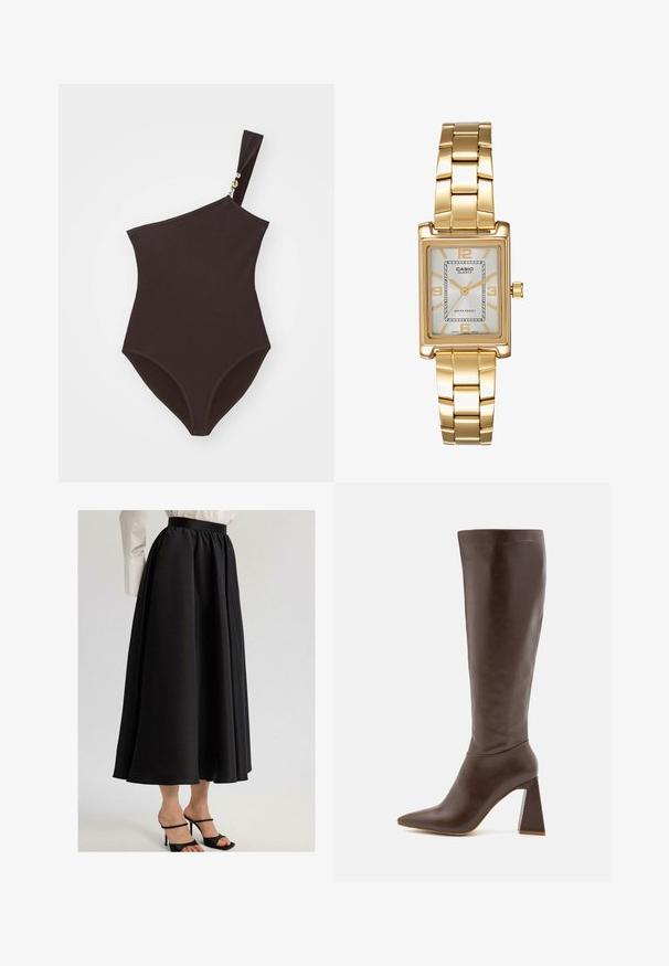 Vieno peties rudas maudymosi kostiumėlis, pagamintas iš raguotų audinių, su auksiniu akcentu ant dirželio. Turi aukštas mentes ir prigludusį dizainą.; Juodas maksi sijonas, pagamintas iš lygaus audinio, su sus gathered juosmeniu ir plazdančia konstrukcija, derinamas su juodomis sandalais ant aukšto kulno.; RAID TENBY - Batai - brown; Aukso spalvos kvadratinis laikrodis su baltu ciferblatu, sidabro spalvos valandų žymekliais ir patvariu metaliniu apyrankiu. Įtrauktas vandeniui atsparus funkcionalumas.