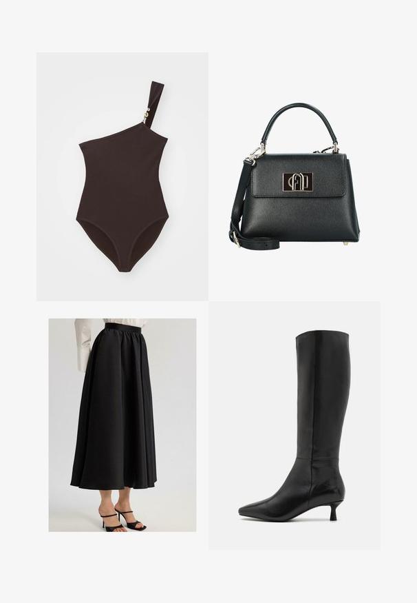 Yhden olkapään ruskea uimapuku, joka on valmistettu ribbikankaasta ja jossa on kultainen yksityiskohta hihnassa. Sitä korostaa korkea jalka-aukko ja istuva muotoilu.; Mustapitsihame, joka on valmistettu sileästä kankaasta. Hameessa on kerääntynyt vyötärö ja virtaava muotoilu, yhdistettynä mustiin nyörikorkokenkiin.; Zign Saappaat - black; Mustikan tekstuurilla varustettu nahkakäsilaukku, jossa on jämäkkä muoto, yläkahva, irrotettava olkahihna ja kultasävyinen logon nepparin.