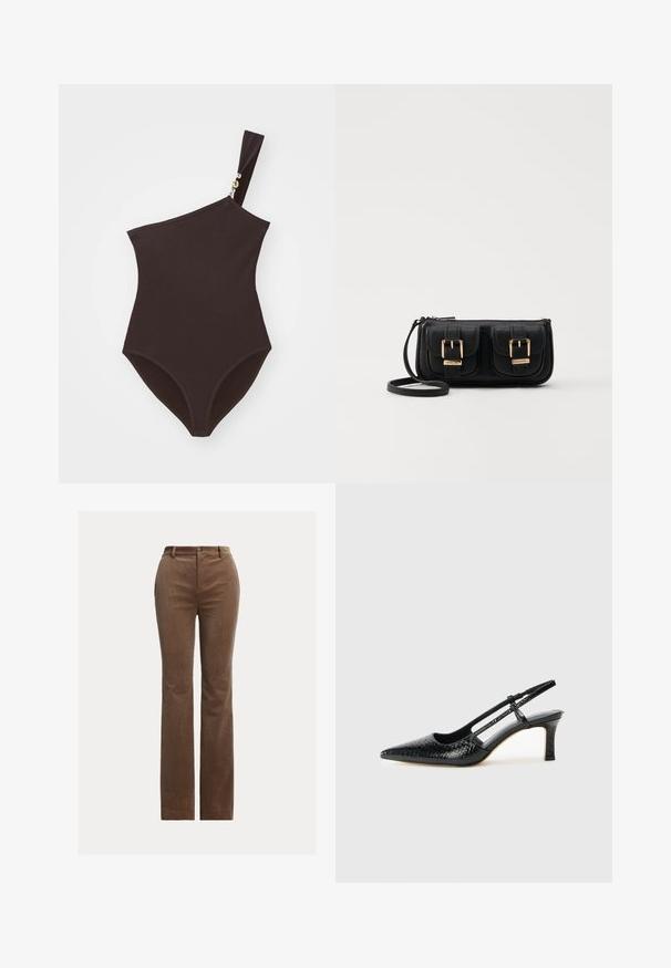 Brunett ensfartsvømmedrakt med én skulder, laget av ribbet stoff med gullakcent på stroppen. Har høy skjæring på benet og en tettsittende design.; Brune cordfløyelsbukser med rett ben-design, som har beltehemper, frontlommer og subtile vertikale ribber for tekstur.; Sorte patent slingback hæl med spids tå, featuring tekstureret slangeskind, justerbar rem og en kort, tekstureret blokhæl.; Svart skinn crossbody veske med to frontlommer, gyldne spenner, glidelåslukking og en slank stropp. Teksturert overflate og kompakt rektangulær form.