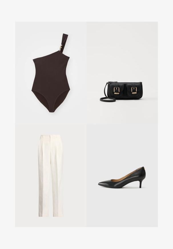 Jednoramenný hnedý plavky vyrobené z rebrového materiálu s pozláteným akcentom na ramene. Má vysoký strih nohavičiek a priliehavý dizajn.; Polo Ralph Lauren HEMP WIDE LEG PANT - Nohavice - nevis; Čierny kožený podpatek s špicatou špičkou, nízkym opätkom a hladkým povrchom. Obsahuje mierne otvorenie vpredu a minimálne kovové detaily na zadnej strane.; Čierna kožená crossbody taška s dvoma prednými vreckami, zlatými sponami, zipsovým uzatváraním a úzkym popruhom. Štruktúrovaný povrch a kompaktný obdĺžnikový tvar.