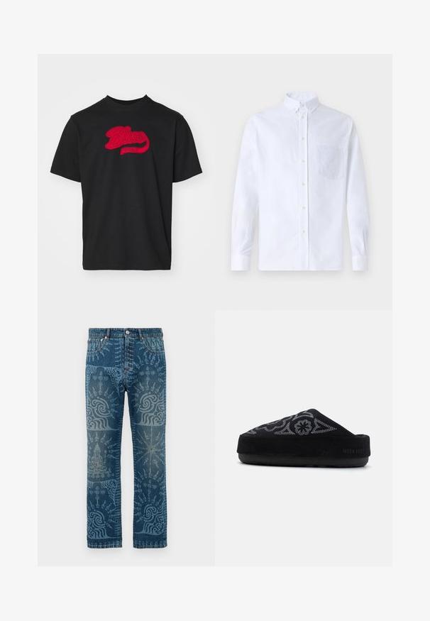 Mustapaita pyöreällä kaula-aukolla, jossa on punaisella brodeerattu "Blue Marble" -logo kaarevassa muodossa edessä.; Valkoinen pitkähihaista napillista paitaa, joka on valmistettu puuvillasta. Paita sisältää rinnan kohdalla taskun, jossa on samaa sävyä oleva brodeeraus, kauluksen sekä napilliset hihansuut.; Dungarees denim dengan warna biru medium, menampilkan pola biru muda yang rumit, desain kaki lurus, gaya lima kantong klasik, dan penutupan kancing.; Mustat mokkanahkasaappaat, joissa on brodeerattu kuvio, pyöreä kynsi, paksu pohja ja teksti "MOON BOOT" kannassa. Strukturoidun pinta.