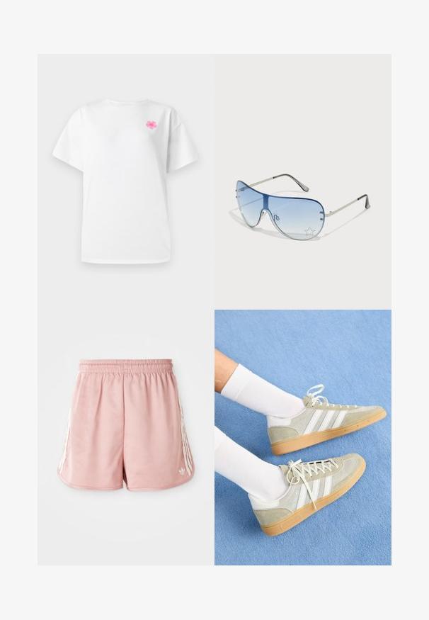 White short-sleeve t-shirt made of cotton with a round neckline, featuring a small pink floral design on the left chest area.; Pink athletic shorts with an elastic waistband, side white stripe detailing, and a small logo on the lower left front. Smooth fabric texture.; Light gray suede sneakers with white rubber accents, featuring three white stripes and a gum sole, worn with white socks on a blue background.; Aviator sunglasses featuring a gradient blue lens, silver metal frame, and decorative star accents on the lens. Smooth and sleek design.